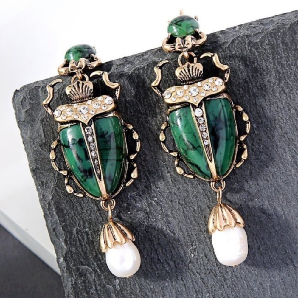 Green Scarab Earrings - Picture 1 of 6